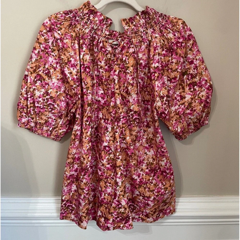 J.Crew Smocked Neck Puff Sleeve Poplin Top Pink Orange Abstract Floral Size M